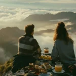 Couple enjoying a romantic breakfast on the top of mountain overlooking the rainforest in wayanad