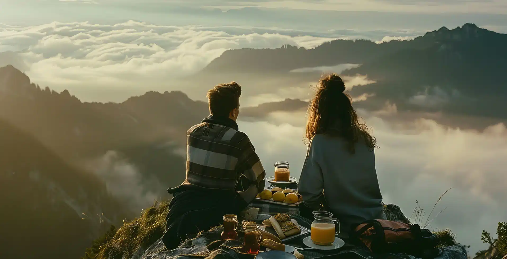 Couple enjoying a romantic breakfast on the top of mountain overlooking the rainforest in wayanad